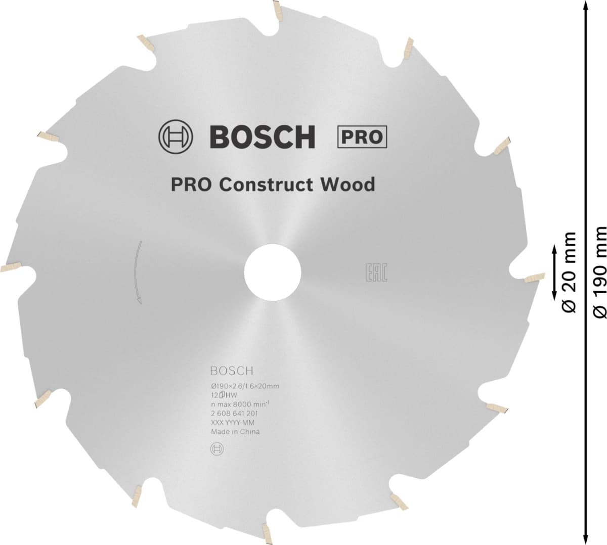 Bosch 2608641201 PRO Cirkelzaagblad - 190 X 20/16 X 12T - Hout thumbnail 4