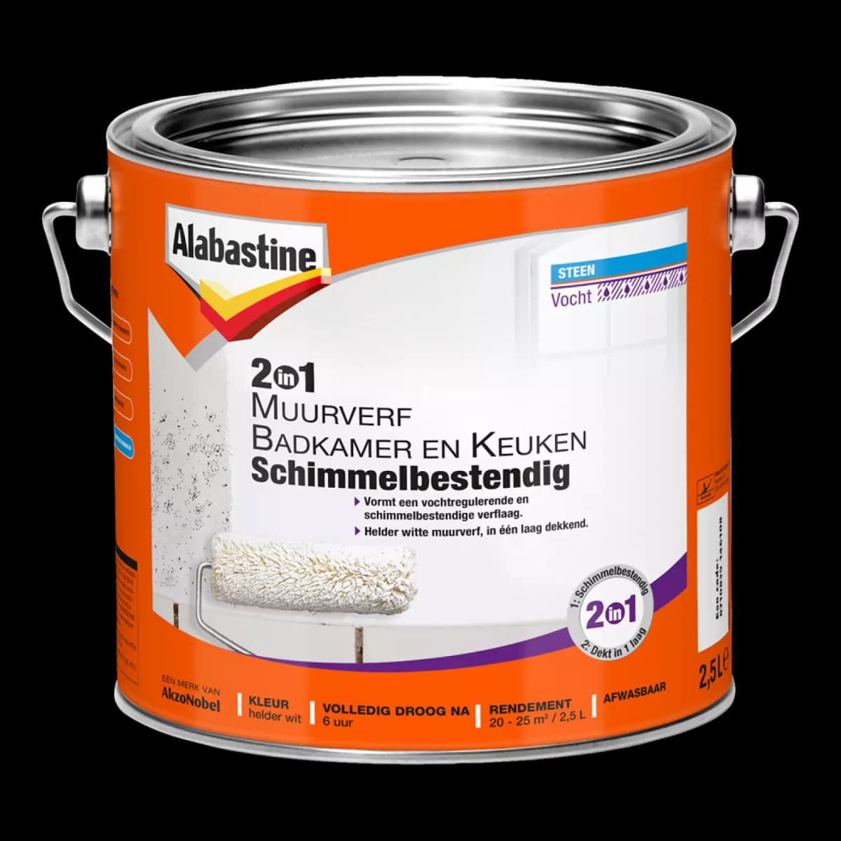 Alabastine 2In1 Muurverf Badkamer En Keuken Schimmelbestendig - Wit - 2,5L