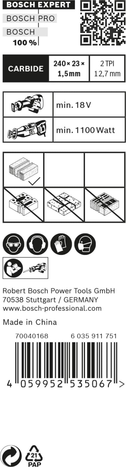 Bosch EXPERT S1543HM Reciprozaagblad - 190mm - Hollow Brick (10st) thumbnail 3