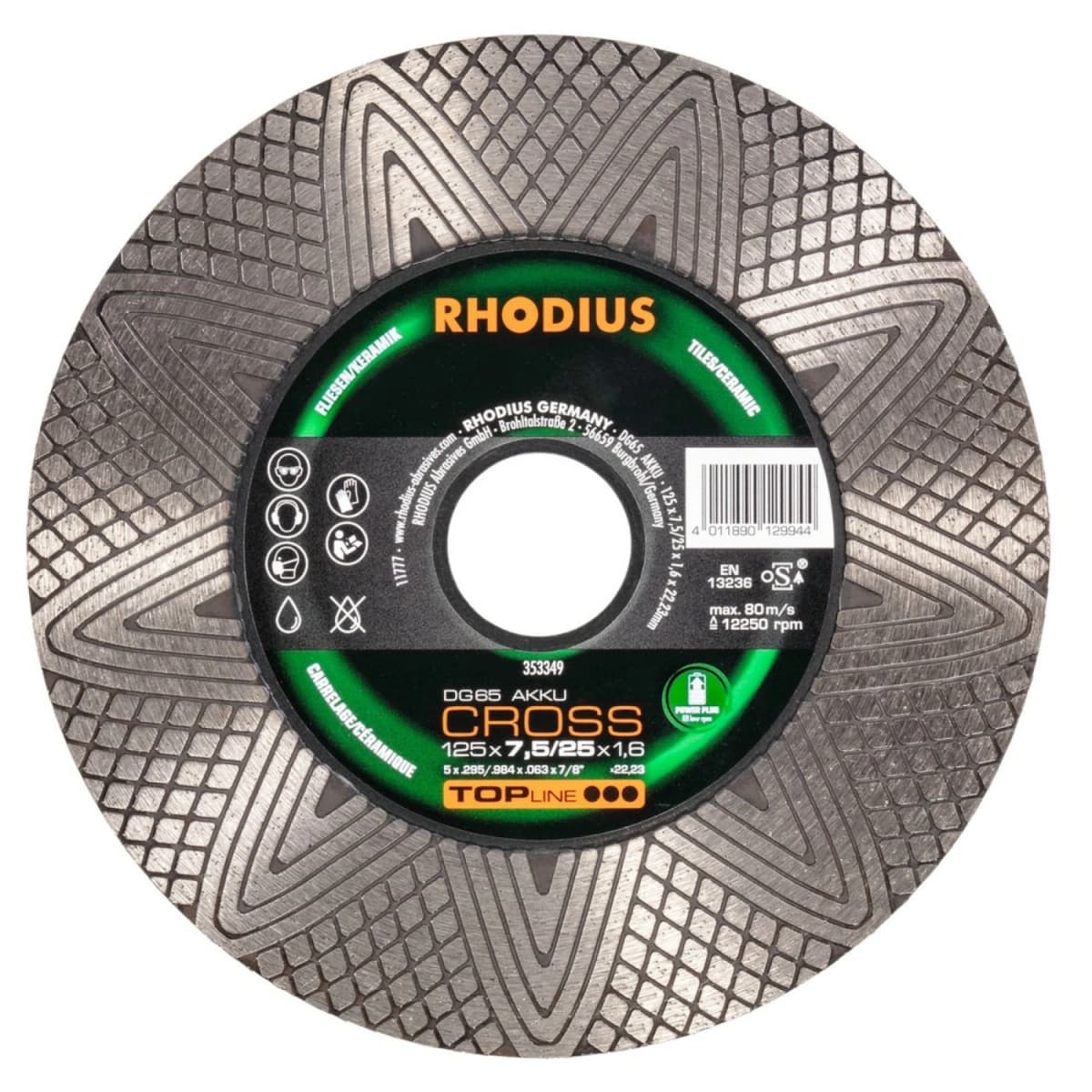 Rhodius DG65 Accu Cross Diamant Doorslijp- En Afbraamschijf 125 X 22,23 X 1,6mm