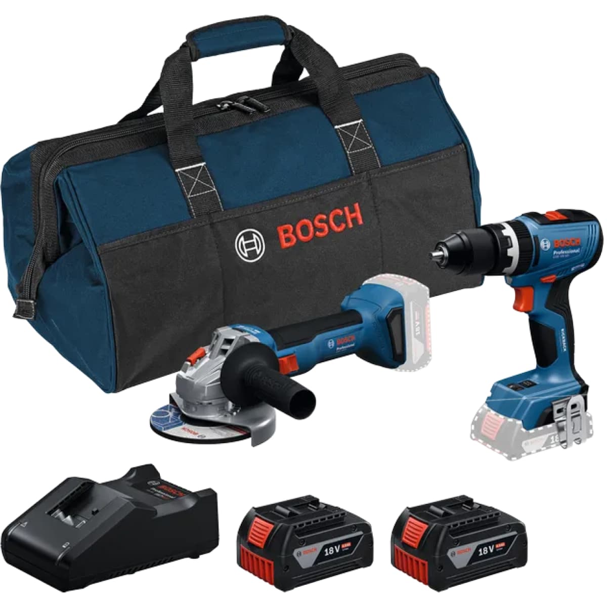 Bosch 18V Accu Klopboormachine (GSB 18V-65)&Accu Haakse Slijper (GWS 18V-8) Combiset (2x 4.0Ah + Lader)