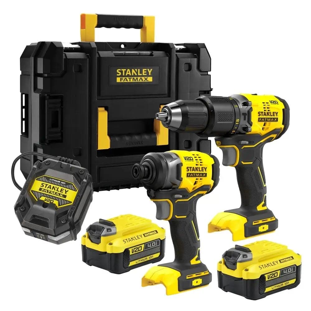 Stanley SFMCK461M2T-QW– Set met 2 stuks: klopboormachine en slagschroevendraaier, inclusief 2 V20-18V 4Ah accu’s en snellader in TSTAK-koffer.