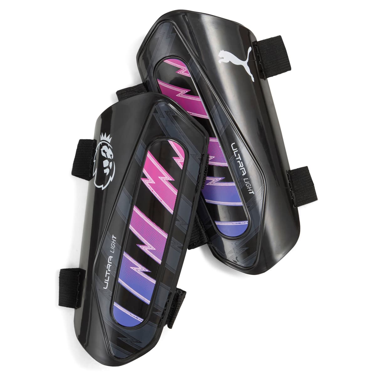 PUMA Premier League ULTRA Light Football Strap scheenbeschermers, Zwart/Wit, Maat XS
