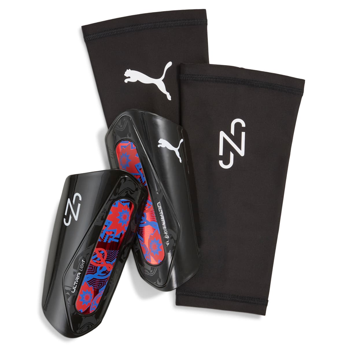 PUMA Neymar Jr ULTRA Light Sleeve voetbal scheenbeschermers, Blauw/Zwart/Rood, Maat L