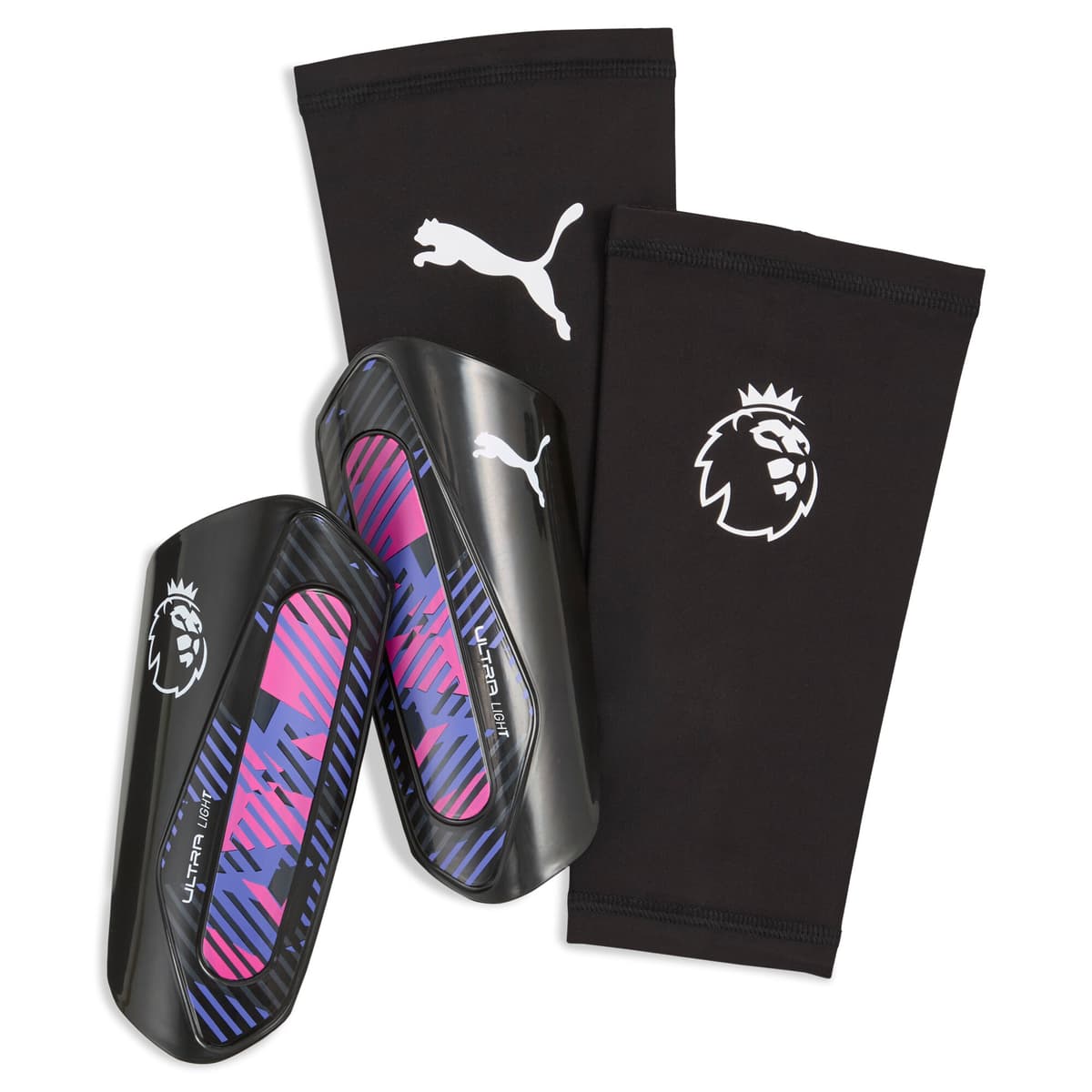 PUMA Premier League ULTRA Light Football Sleeve scheenbeschermers, Zwart/Wit, Maat XS