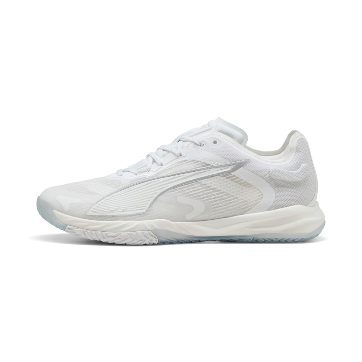 PUMA Accelerate NITROâ¢ SQD 4 uniseks handbalschoenen, Wit/Zilver, Maat 38,5