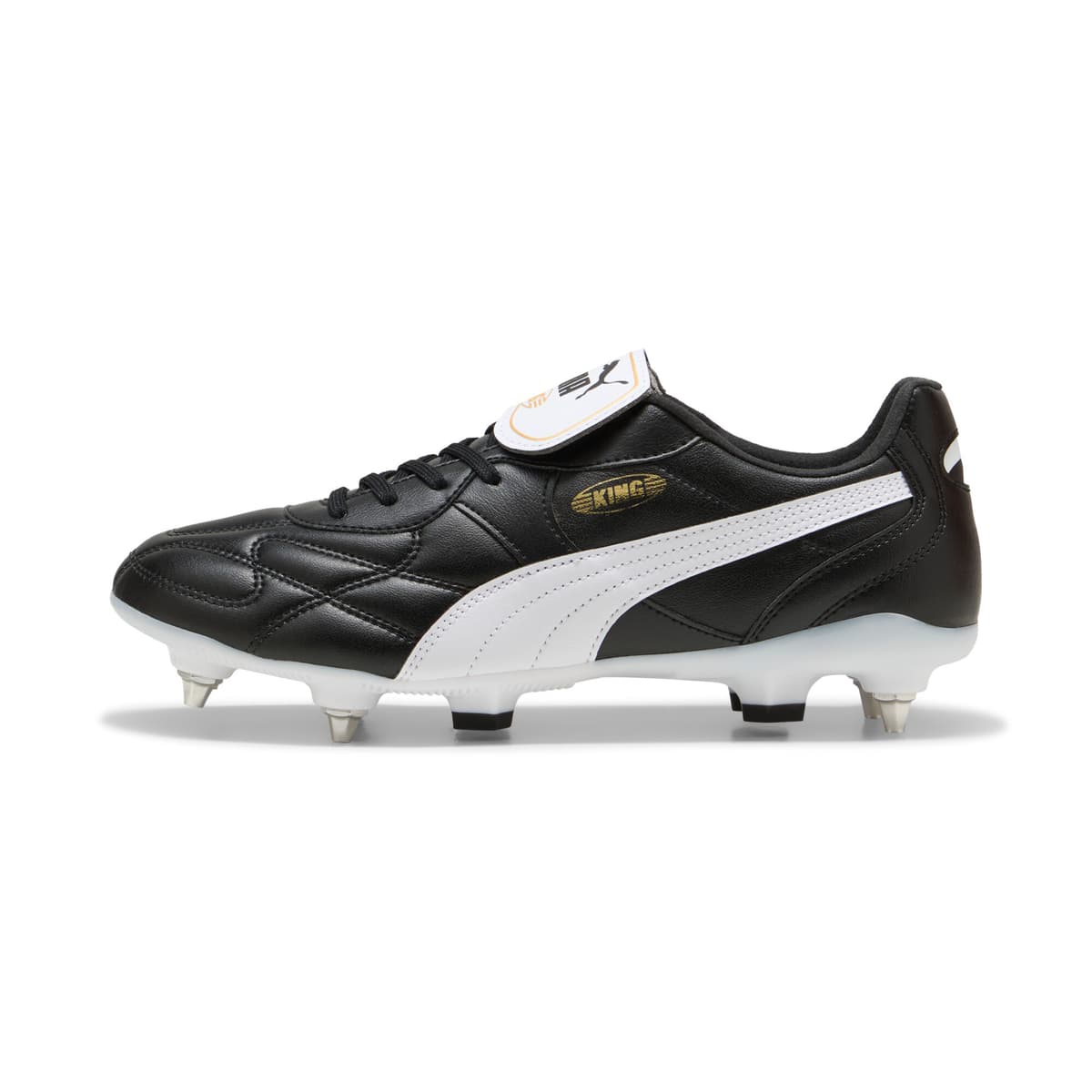 PUMA KING TOP MxSG voetbalschoenen uniseks, Zwart/Wit/Goud, Maat 42,5