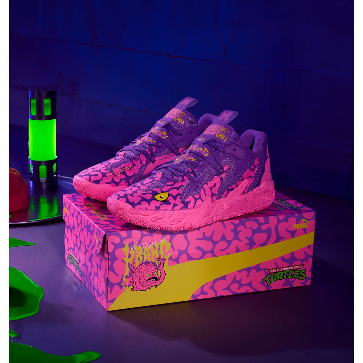 PUMA HOOPS x TNMT MB.03 Lo Krang uniseks basketbalschoenen, Roze/Geel, Maat 44,5 thumbnail 3