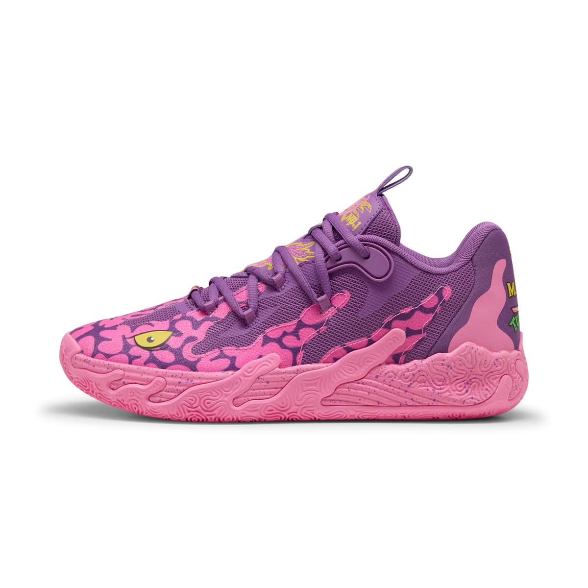 PUMA HOOPS x TNMT MB.03 Lo Krang uniseks basketbalschoenen, Roze/Geel, Maat 44,5