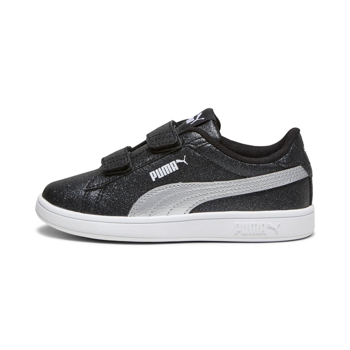PUMA Smash 3.0 Glitz Glam sneakers voor Dames, Zwart/Wit/Zilver, Maat 31,5