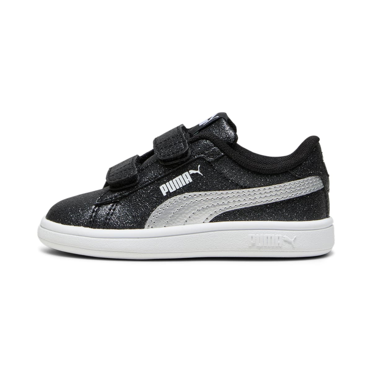 PUMA Smash 3.0 Glitz Glam sneakers voor Dames, Zwart/Wit/Zilver, Maat 27