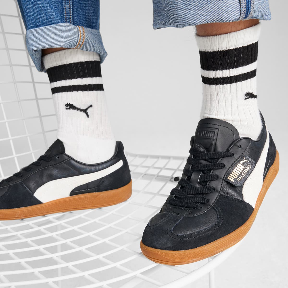 PUMA Palermo leren sneakers uniseks, Zwart/Grijs, Maat 35,5 thumbnail 8