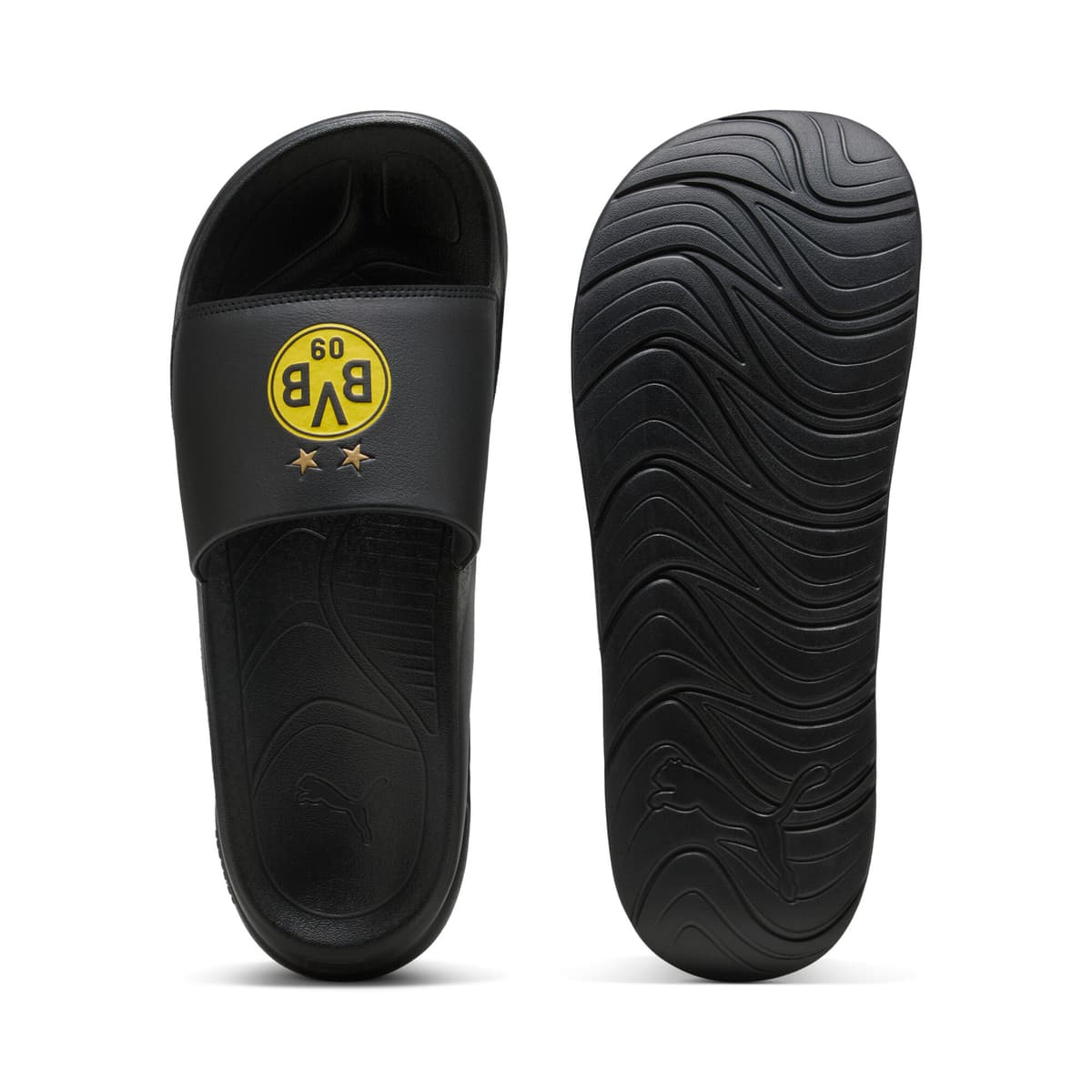 PUMA Softride Teamcat BVB badslippers uniseks, Zwart/Geel/Goud, Maat 40,5