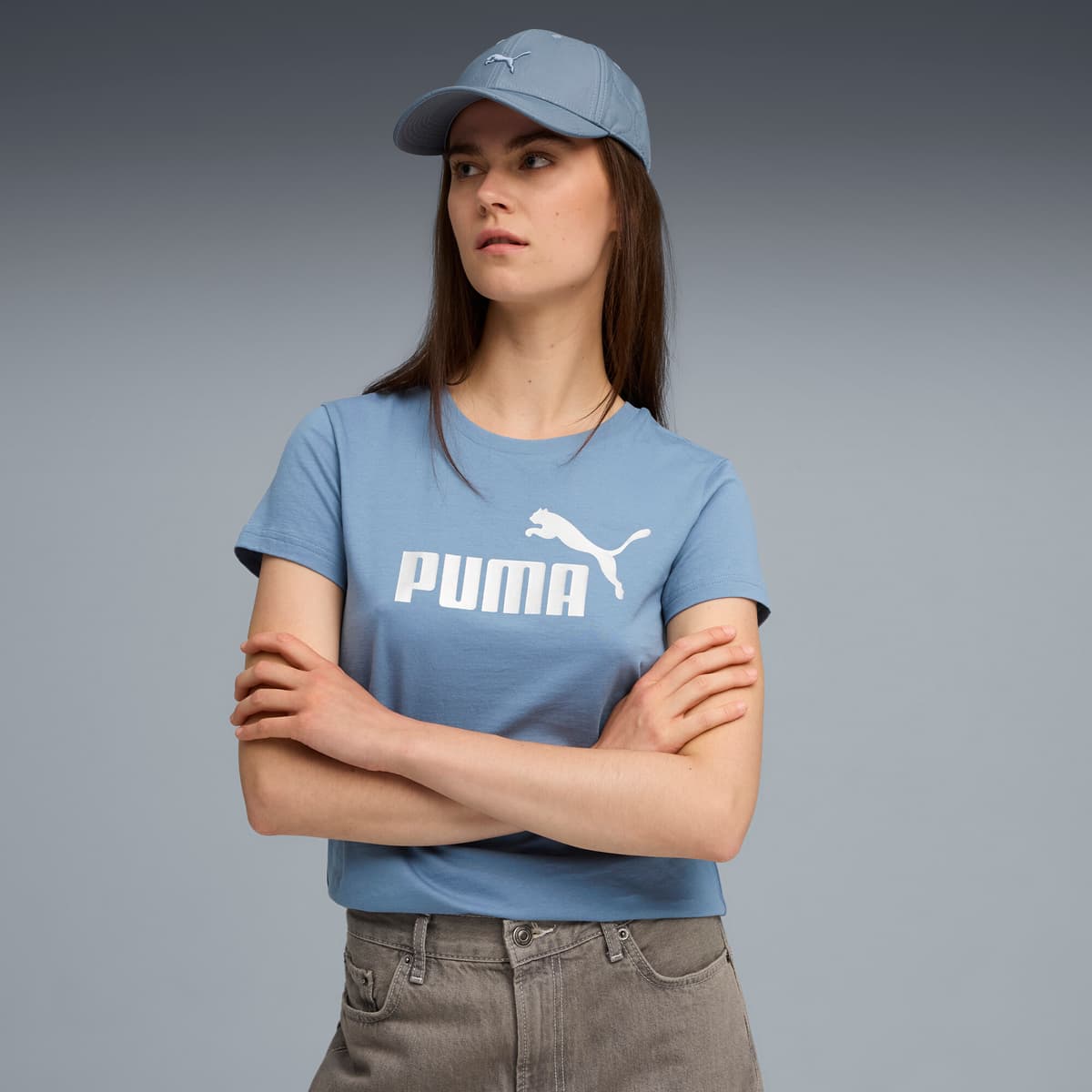 PUMA ESS Metallic No. 1 Logo T-shirt voor Dames, Blauw/Zilver, Maat XS