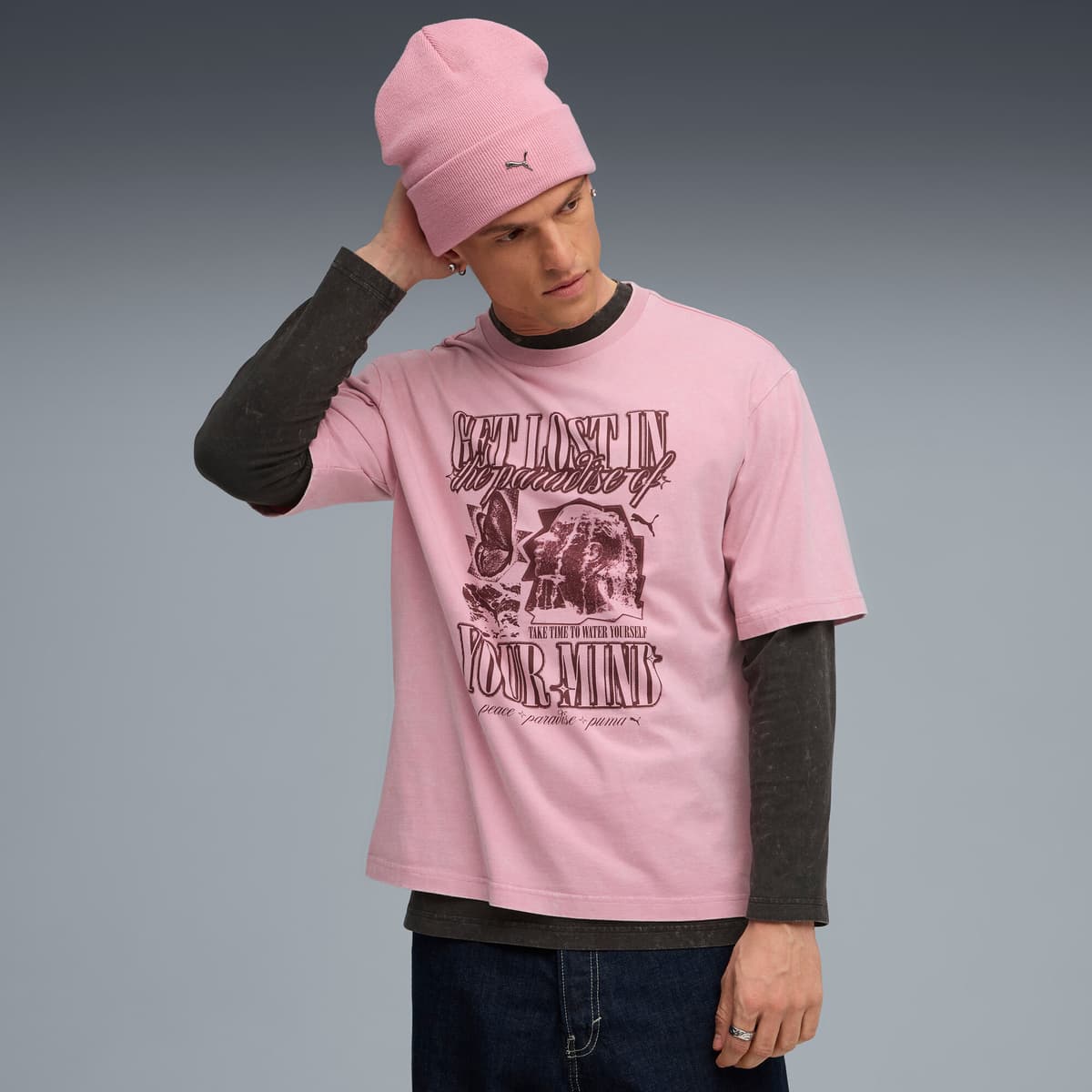 PUMA Graphic Paradise Mindset verwassen boxy T-shirt voor Heren, Roze, Maat XXL