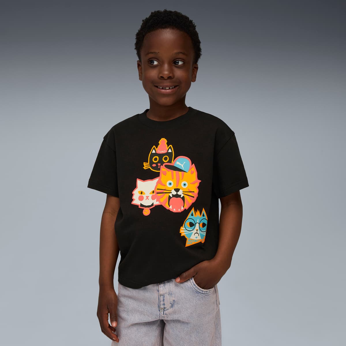 PUMA Moody Cat Graphic T-shirt II, Zwart, Maat 6-7Y