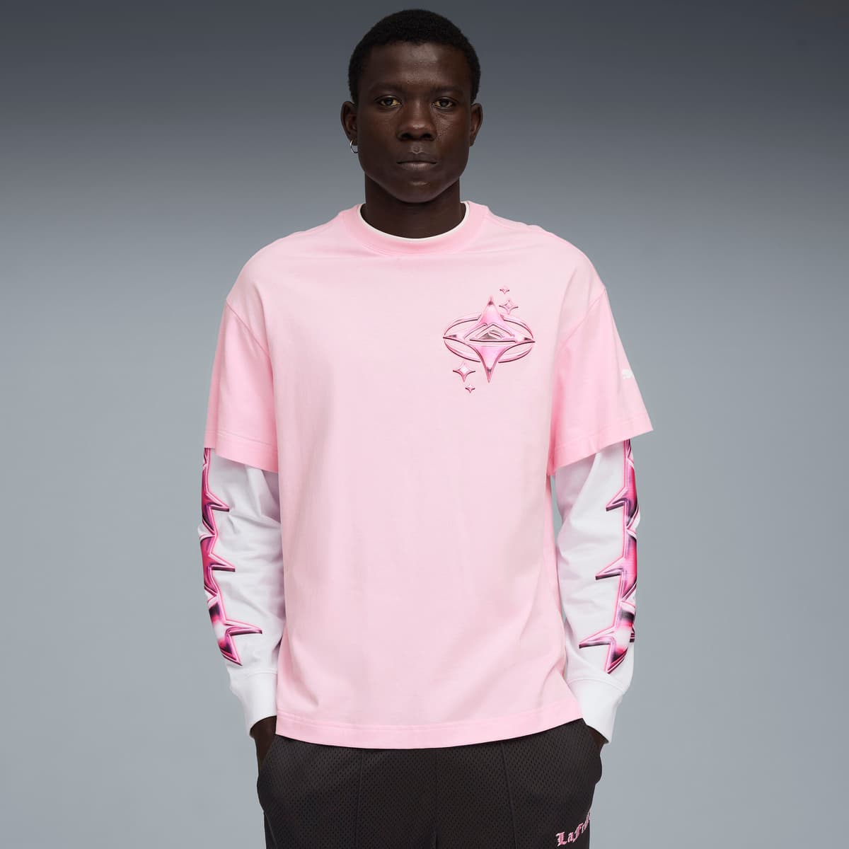 PUMA LaFrancÃ© HEEM Roze T-shirt met lange mouwen voor Heren, Roze/Wit, Maat XXL