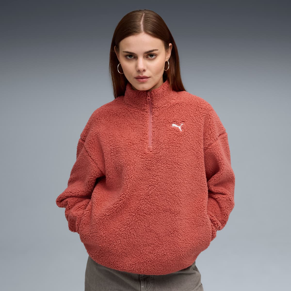 PUMA Essentials Elevated Comfort sweatshirt met halve ritssluiting en ronde hals voor Dames, Rood, Maat XL