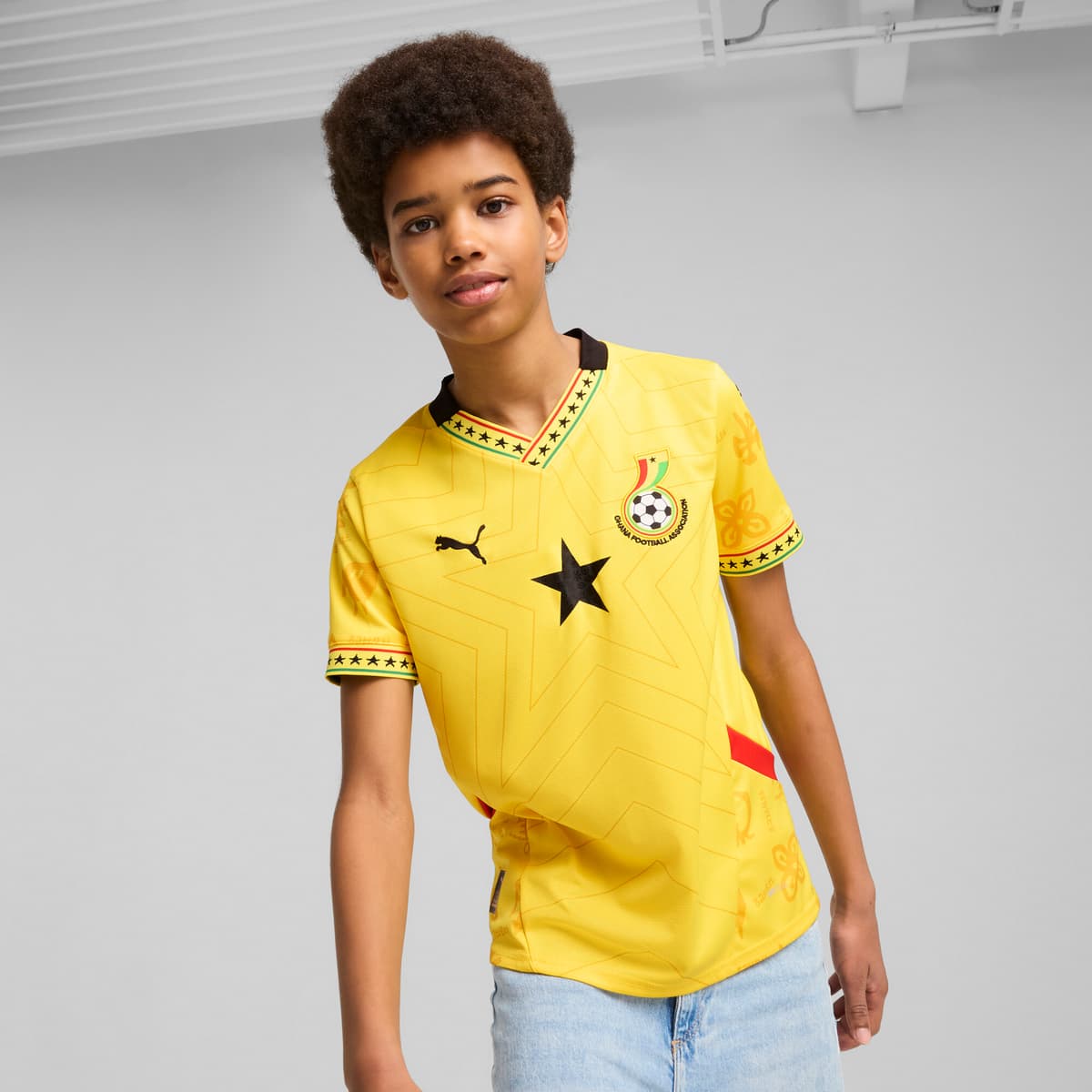 PUMA Ghana 2025 uitshirt, Zwart/Geel, Maat 5-6Y