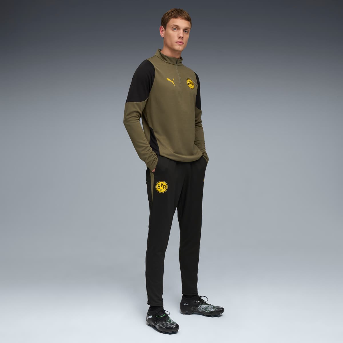 PUMA Borussia Dortmund trainingstop met kwartrits voor Heren, Groen/Zwart, Maat M thumbnail 2