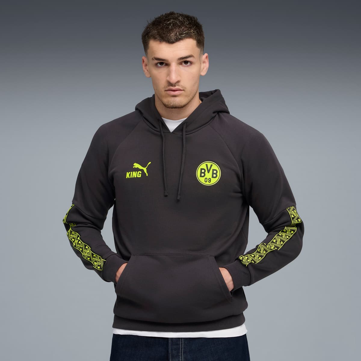 PUMA Borussia Dortmund KING hoodie voor Heren, Grijs/Geel, Maat XXL thumbnail 6
