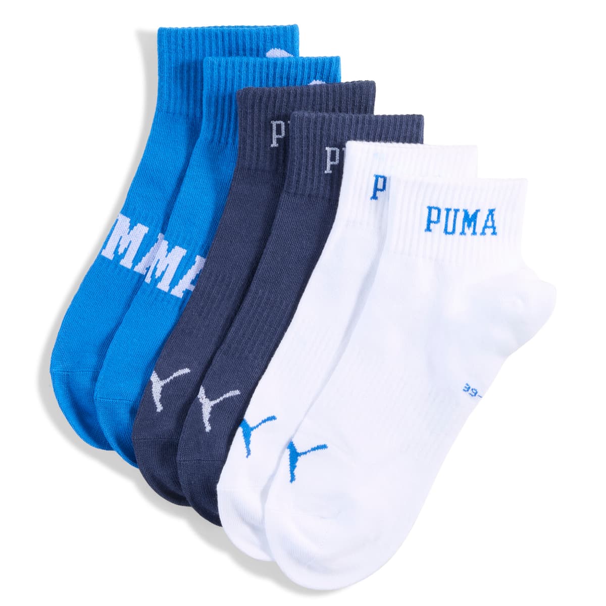 PUMA Uniseks korte sokken met logo (set van 3), Blauw, Maat 35-38