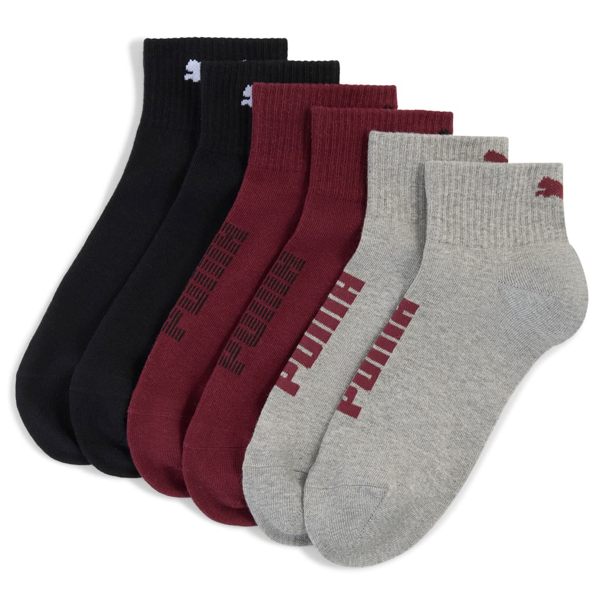 PUMA Uniseks quartersokken (set van 3), Zwart/Rood, Maat 43-46