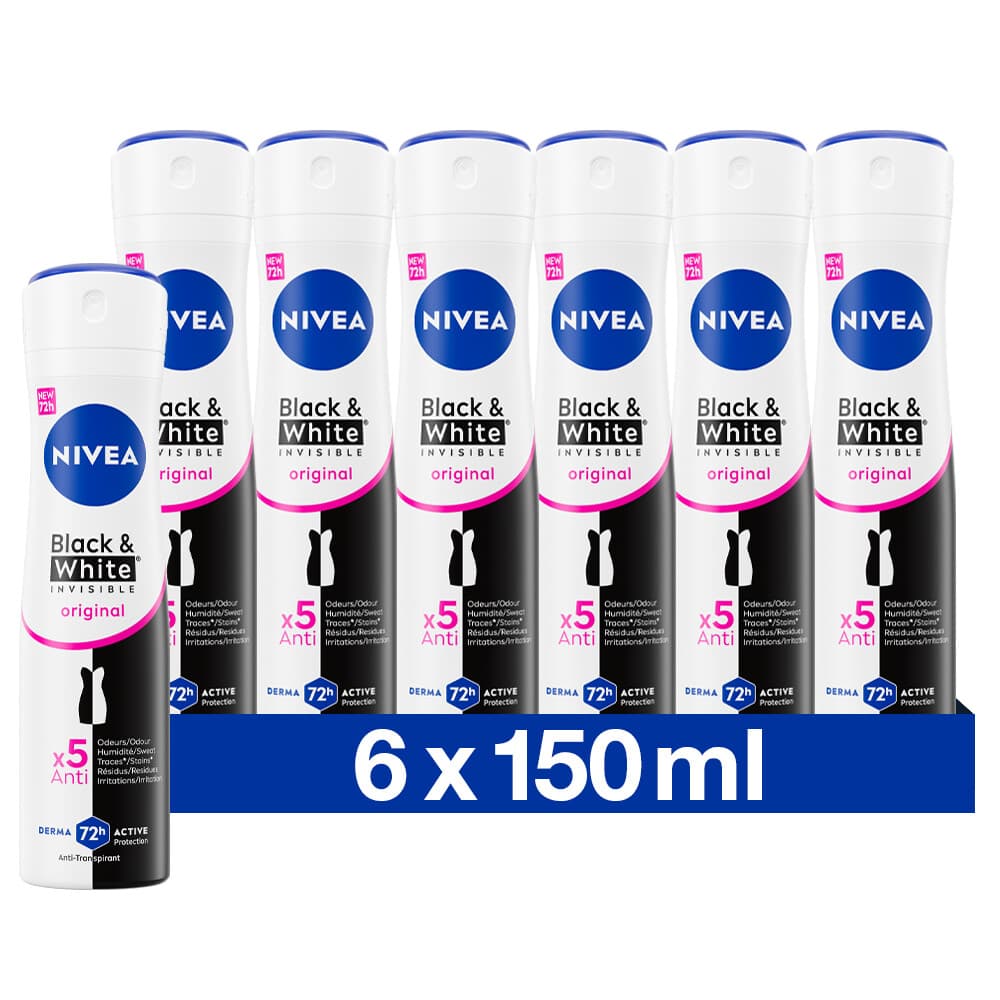 6x NIVEA Deodorant Spray Invisible For Black&White Clear 150 ml
