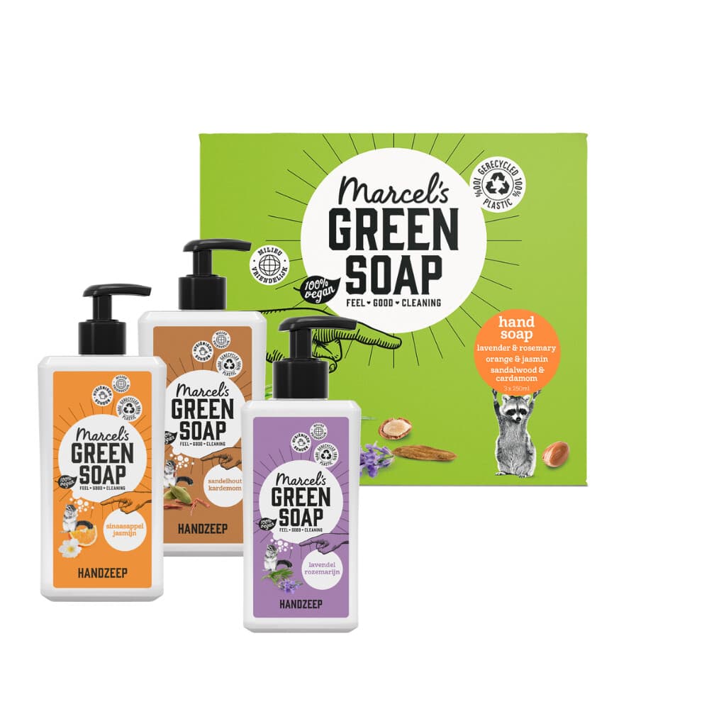 Marcel's Green Soap Handzeep Sin&Jas 250 ml + Lav&Roz 250 ml + Sand&Kord250 ml 1 set