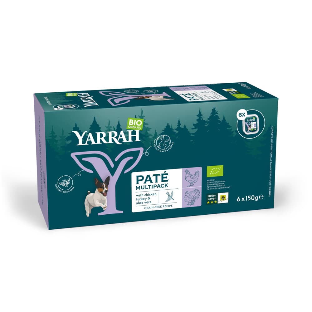 Yarrah Bio Hondenvoer Multipack Paté Graanvrij Kip&Kalkoen 6 x 150 gr