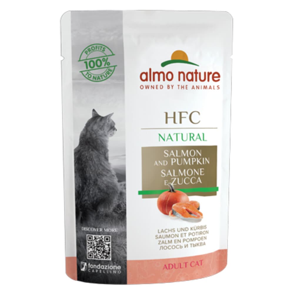 48x Almo Nature HFC Natural Kattenvoer Nat Maaltijdzakje Zalm&Pompoen 55 gr