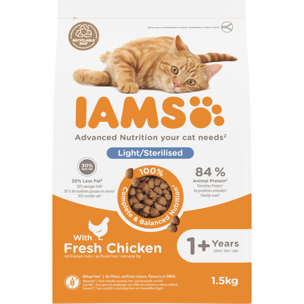 4x IAMS Kat Adult Sterilised - Overweight Kip 1,5 kg