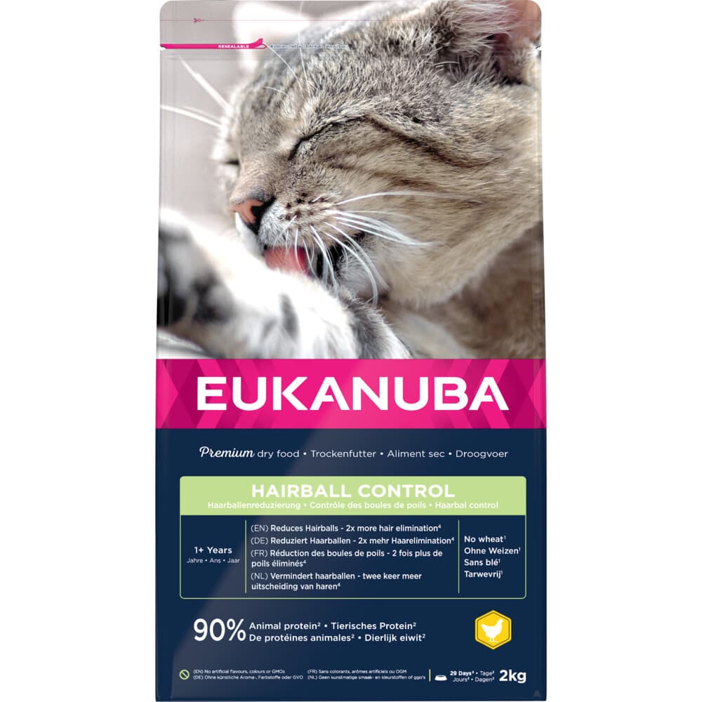 4x Eukanuba Adult Hairball Control Kattenvoer 2 kg