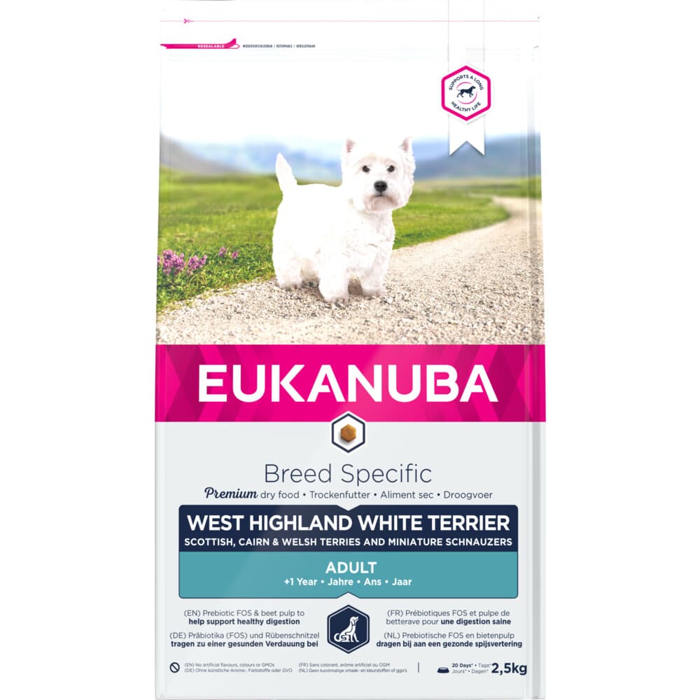 3x Eukanuba Adult West Highland White Terrier Hondenvoer Kip 2,5 kg