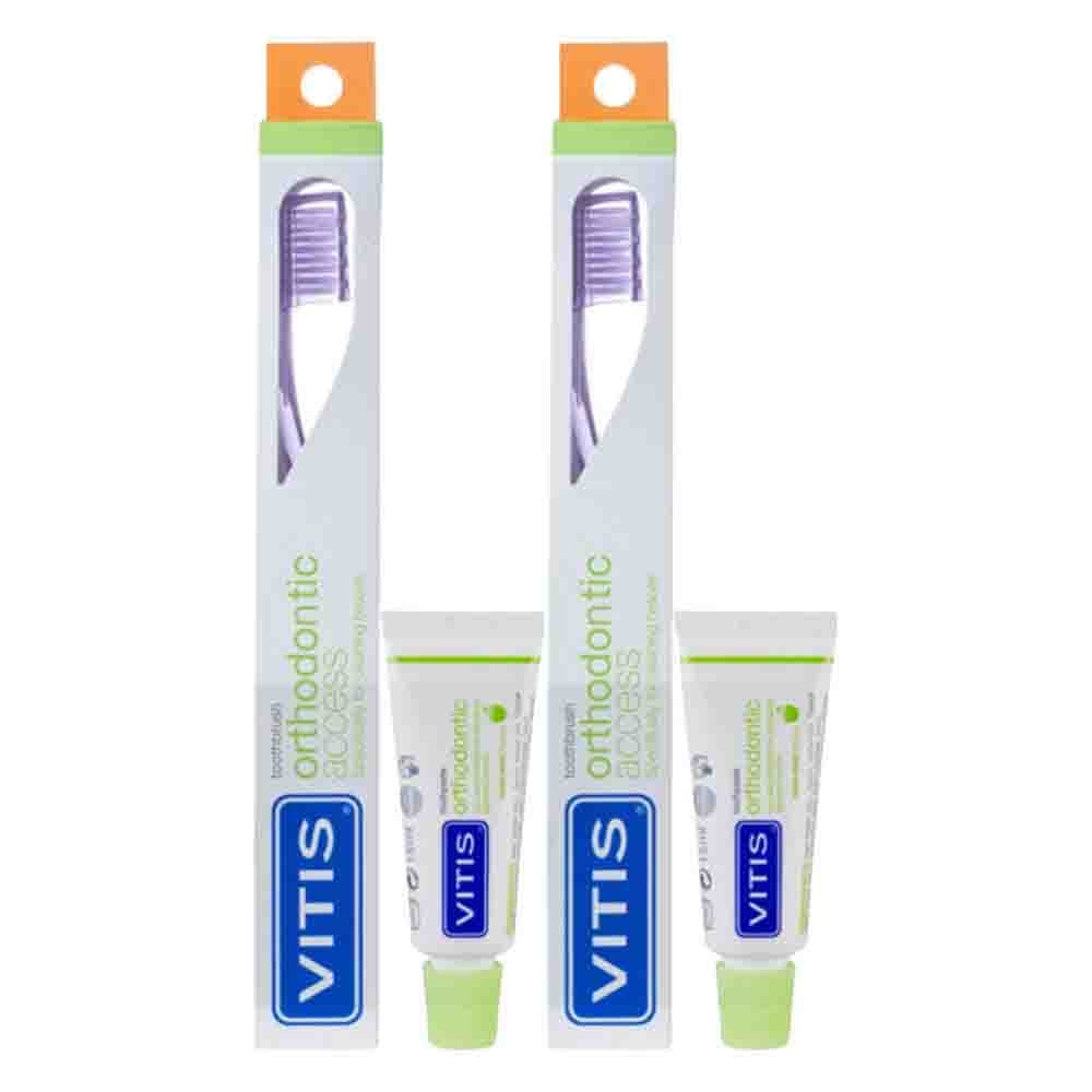 2x Vitis Tandenborstel + Mini Tandpasta Orthodontic