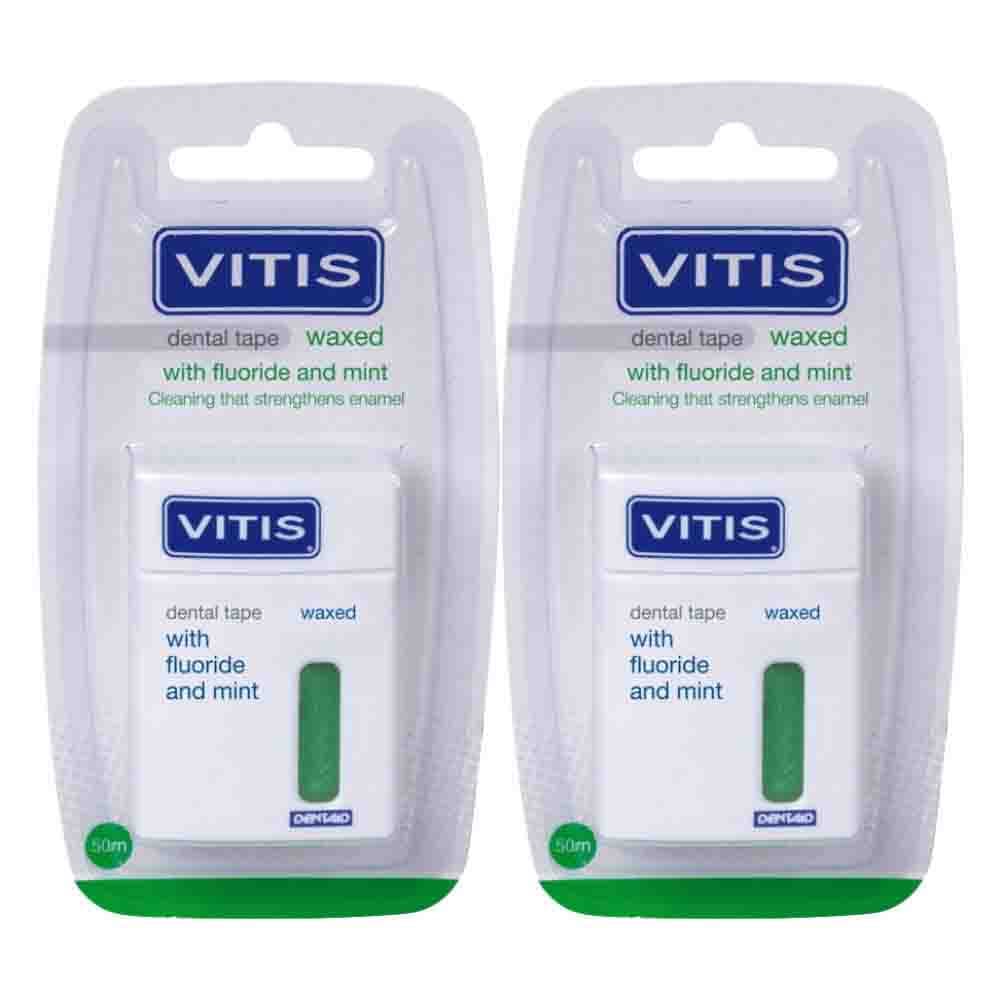 2x Vitis Waxed Dental Tape Fluoride&Mint 50 meter