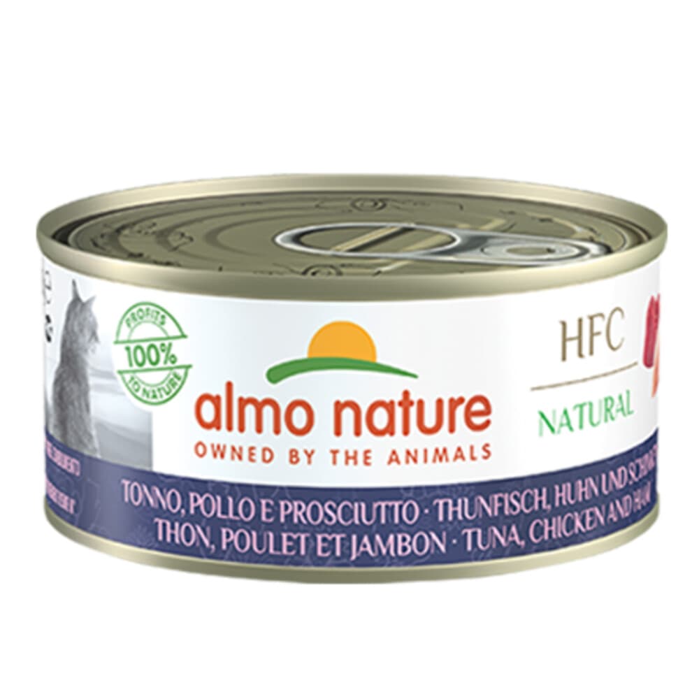 48x Almo Nature HFC Natural Kattenvoer Nat Blik Tonijn, Kip&Ham 150 gr