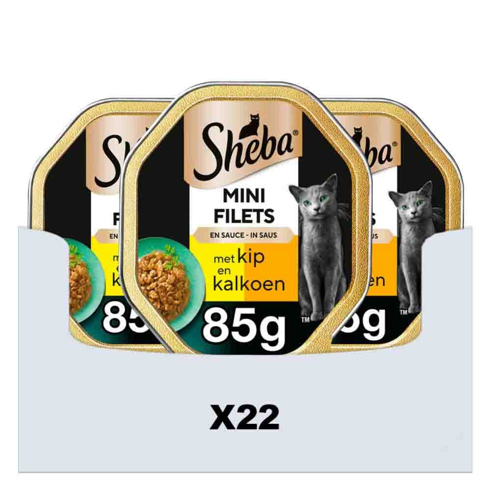 22x Sheba Mini Filets Adult Kattenvoer Natvoer Kip en Kalkoen in Saus Kuipjes 85 gr