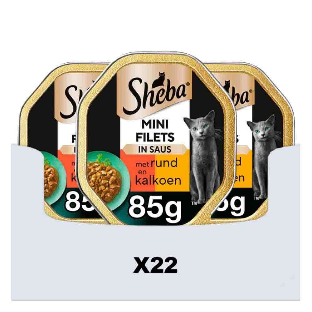 22x Sheba Mini Filets Adult Kattenvoer Natvoer Rund en Kalkoen in Saus Kuipjes 85 gr