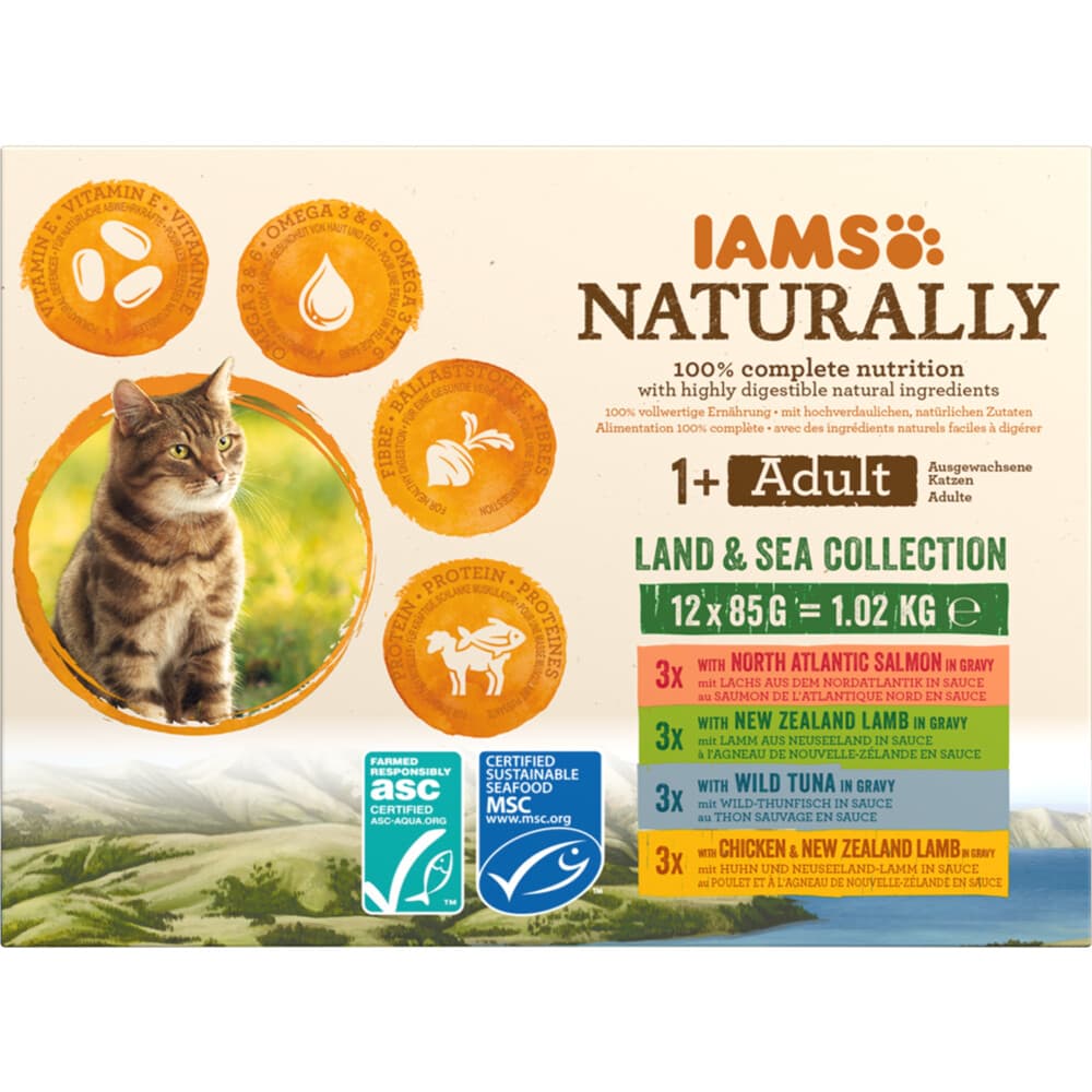 2x IAMS Naturally Kat Adult Land - Sea Collection 12 x 85 gr