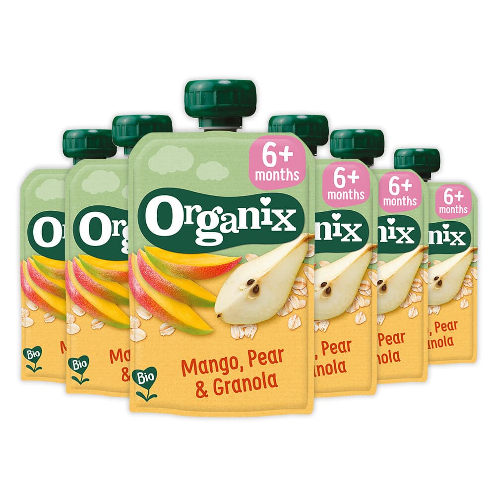 2e halve prijs: 6x Organix Knijpfruit 6+m Mango Peer&Granola 100 gr