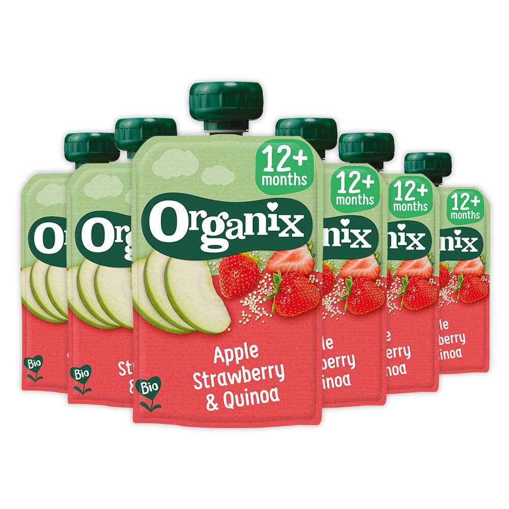 2e halve prijs: 6x Organix Knijpfruit 12+m Appel Aardbei&Quinoa 100 gr
