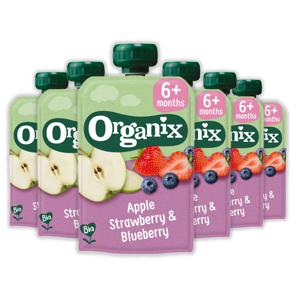 2e halve prijs: 6x Organix Knijpfruit 6+m Appel Aardbei&Blauwe Bes 100 gr