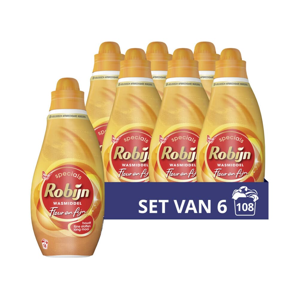 6x Robijn Vloeibaar Wasmiddel Fleur en Fijn 18 Wasbeurten 720 ml