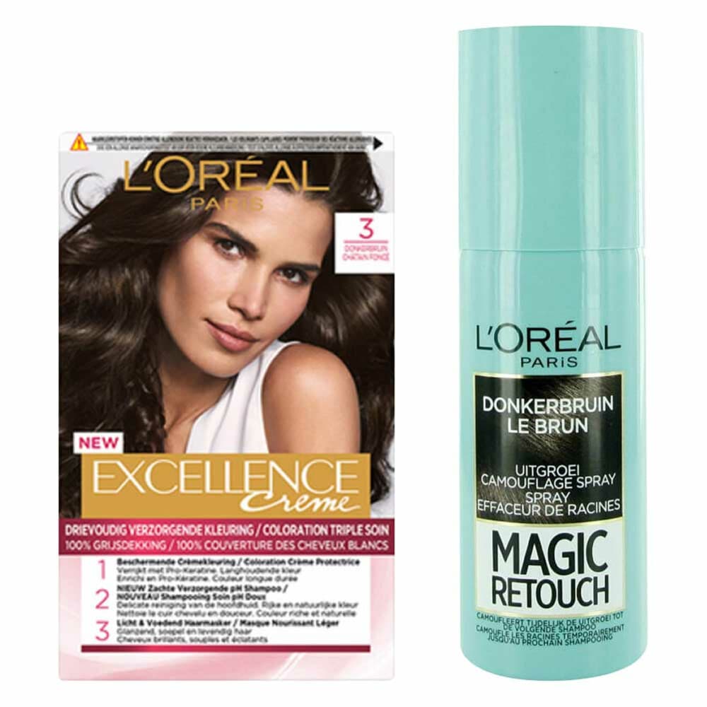 L'Oréal Excellence Crèmekleuring 3 Donkerbruin 1x&Magic Retouch Uitgroeispray Bruin 1x 75 ml Pakket