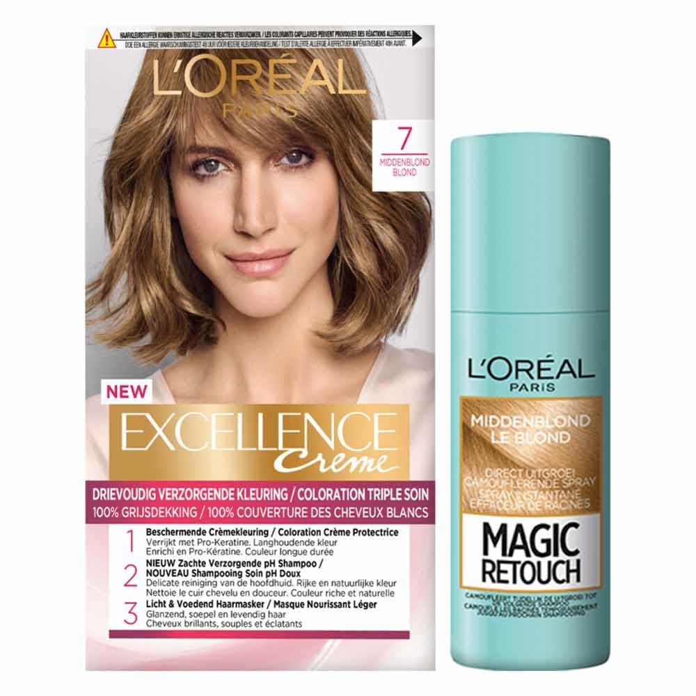 L'Oréal Excellence Crèmekleuring 7 Middenblond 1x&Magic Retouch Uitgroeispray Middenblond 1x 75 m Pakket
