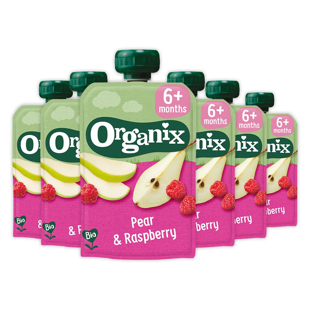 2e halve prijs: 6x Organix Knijpfruit 6+m Peer&Framboos 100 gr