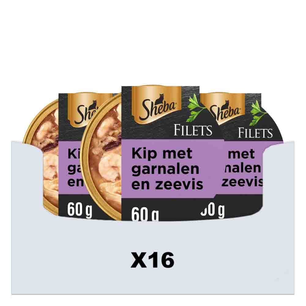 16x Sheba Filets Kattenvoer Natvoer Garnaal&Oceaanvis&Kip in Saus 60 gr