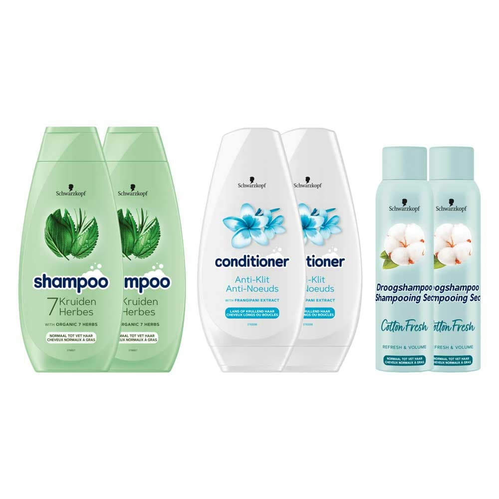 Schwarzkopf 7 Kruiden, Anti-klit Shampoo en Cotton Fresh Droogshampoo Pakket