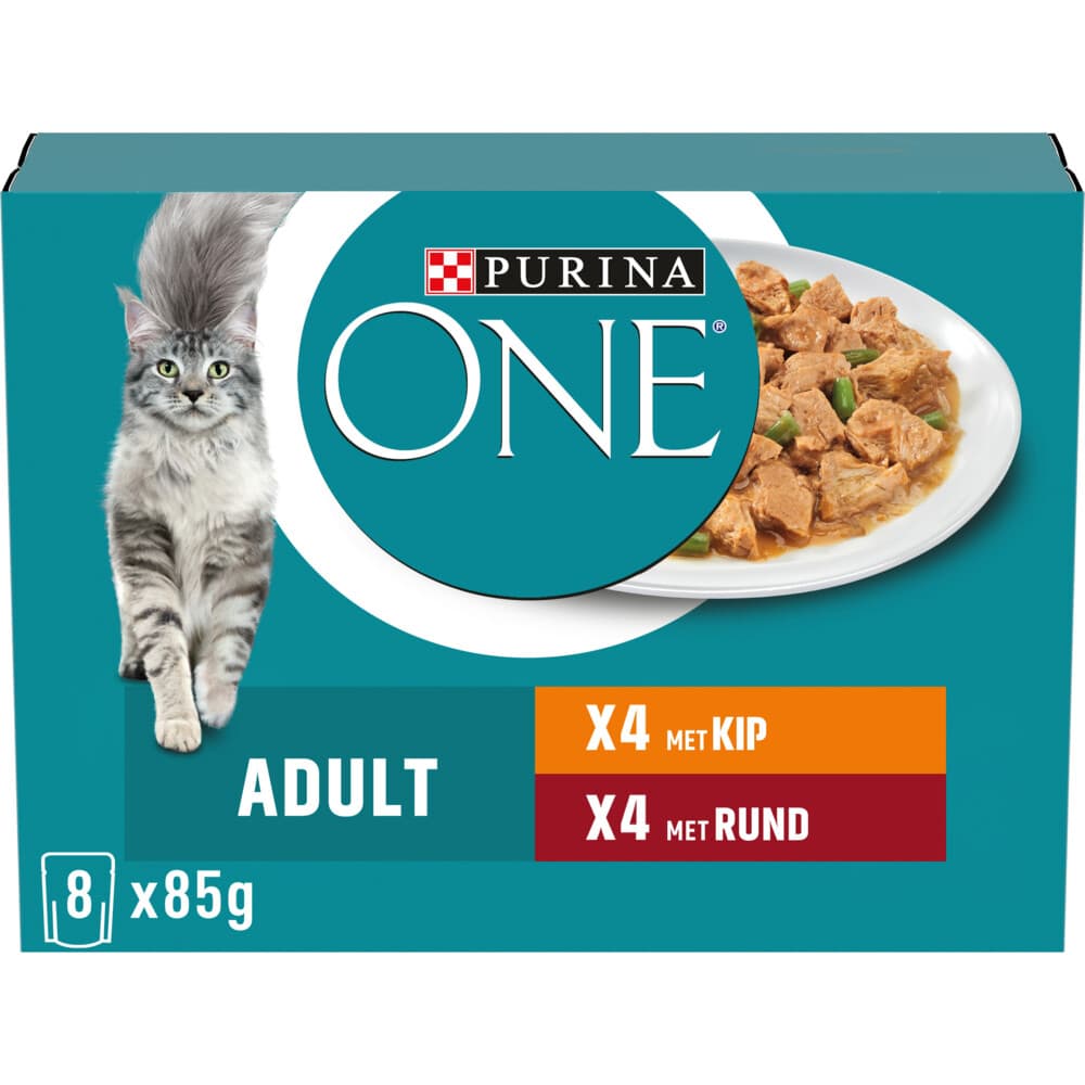 Purina ONE Kattenvoer Nat Fijne Malse Reepjes in Saus Kip - Rund 8 x 85 gr
